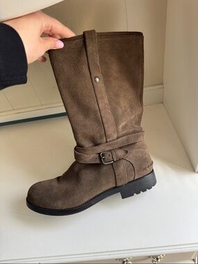 Coach Brown Suede Zip-Up Mid-Calf Boot with Buckle Strap